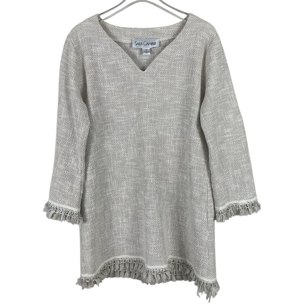 Vintage Sara Campbell Textured Boucle Tunic Top XS Tassel Fringe USA Old Money